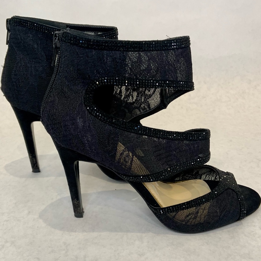 Jessica Simpson strappy black mesh lace and rhinestone heels with zipper detail - Picture 3 of 7
